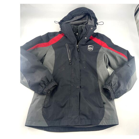 Port Authority UPS Winter Jacket Womens Medium Black Red Lined Hooded Winter Y2K - Picture 1 of 16